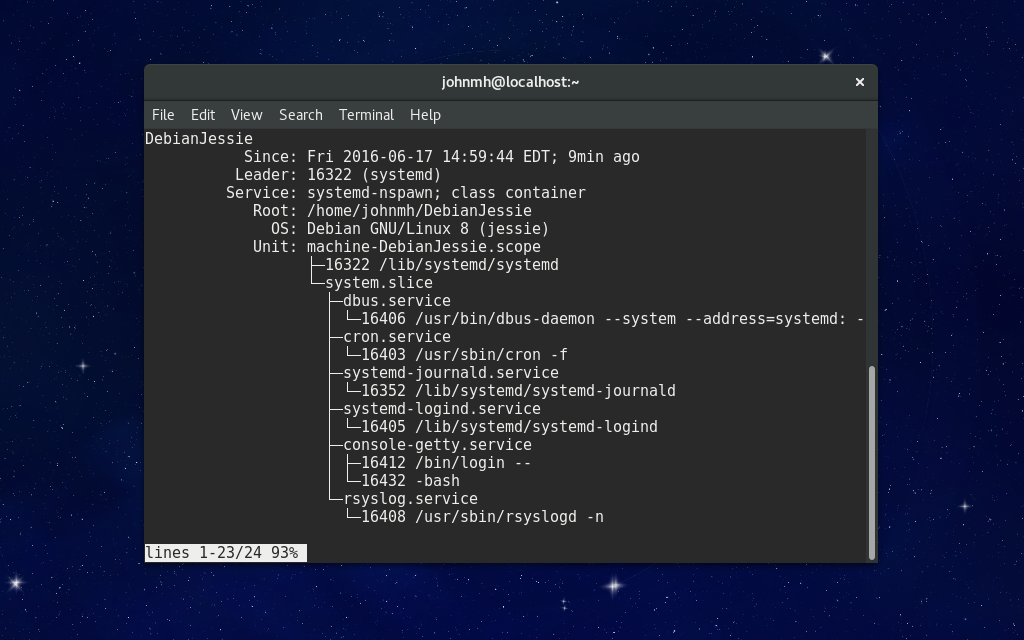 Status of the systemd-nspawn container Debian Jessie