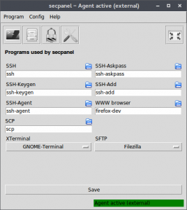 Alternative SSH clients: Screenshot of secpanel's configuration menu