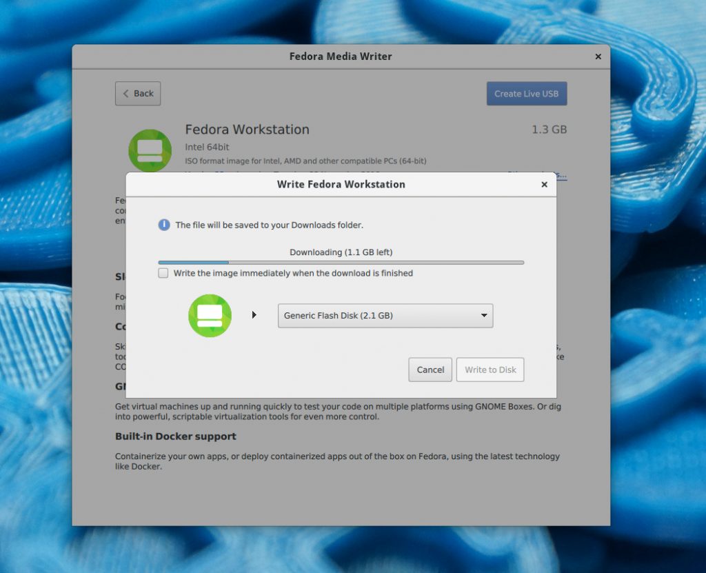 Screenshot of a Fedora Workstation ISO downloading in Fedora Media Writer