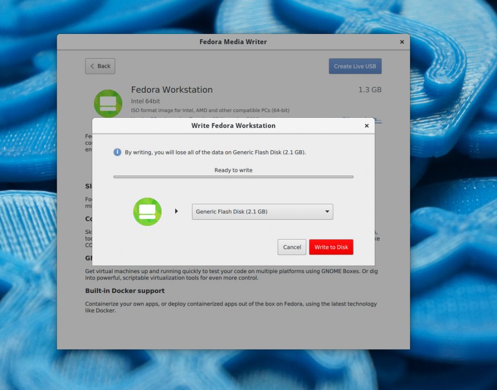 Screenshot of writing Fedora Workstation to a Fedora USB in Fedora Media Writer