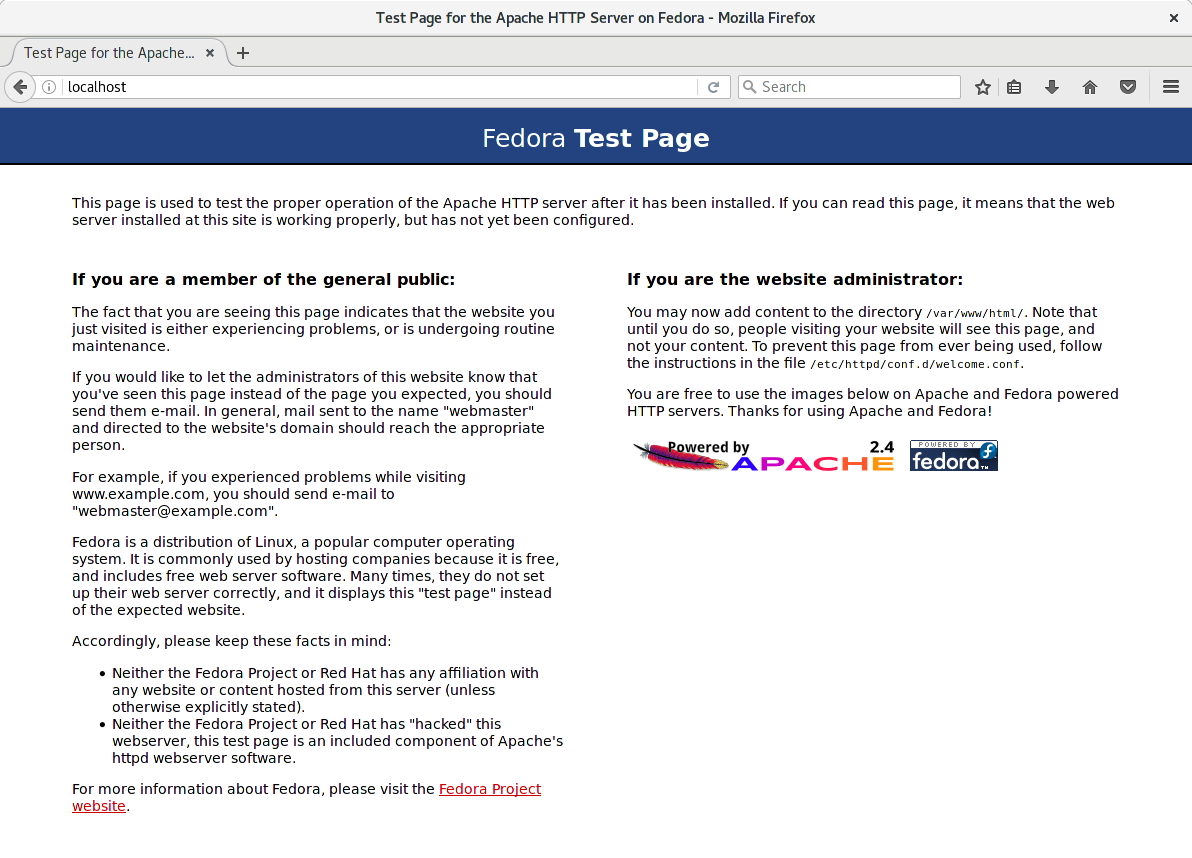 Apache web server test page on Fedora