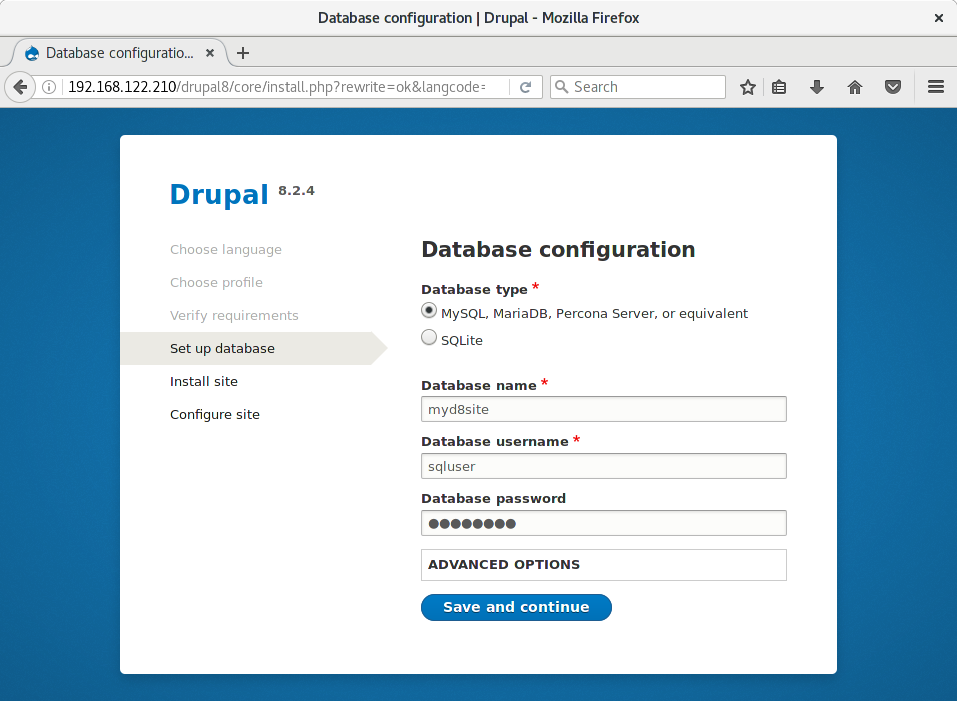 Drupal 8 installation - database configuration