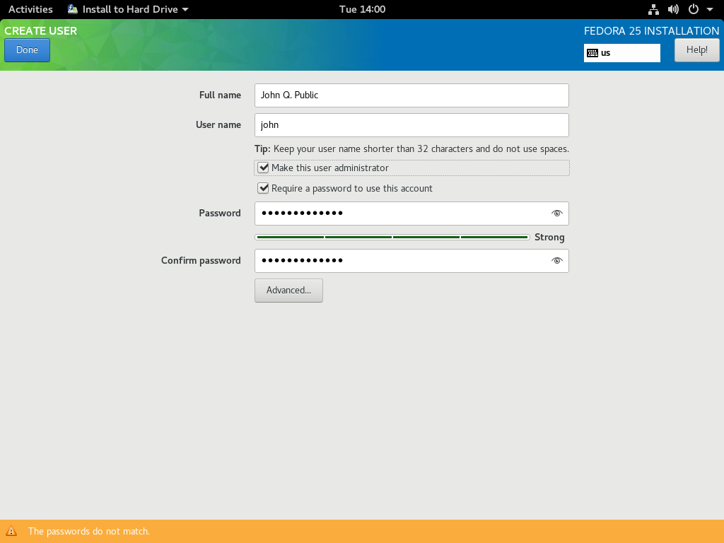 User administrator (sudo) option enabled in installer
